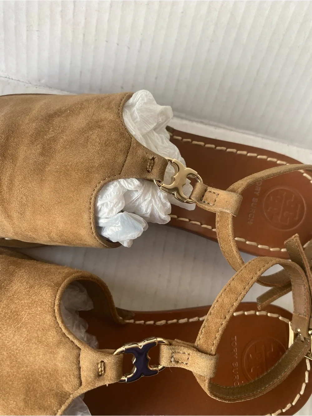 Tory Burch Tan Suede T‑Strap Open‑Toe Slingback Sandals with Gold Logo Accent